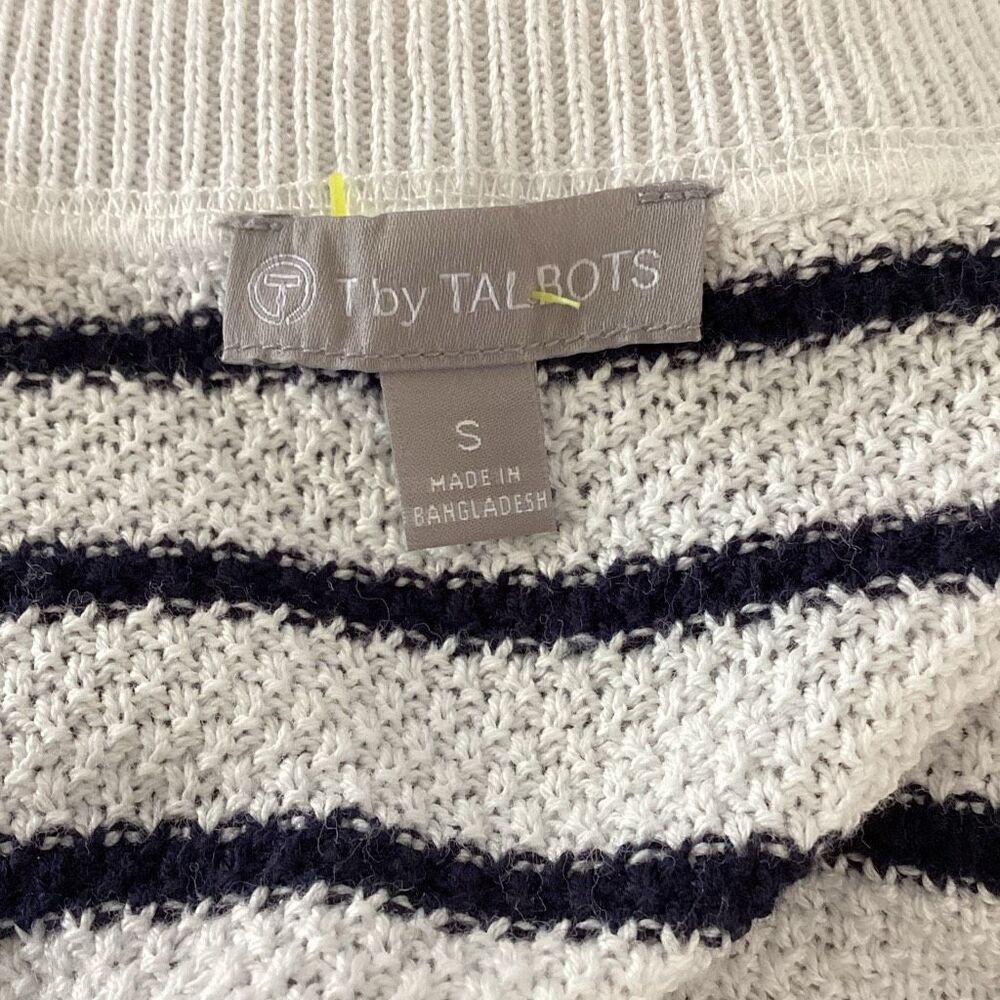 T By Talbots Navy White Striped Pique Ruched Crewneck Sweater Small Nautical Coa - Picture 8 of 10